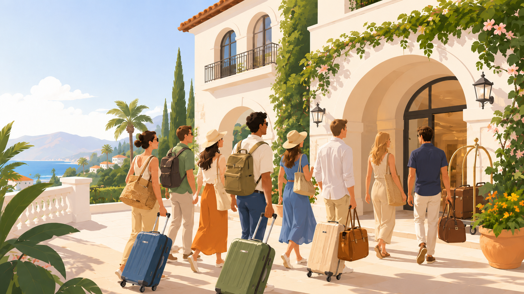 Grupa hotelskih gostiju stiže pred mediteranski hotel s prtljagom.